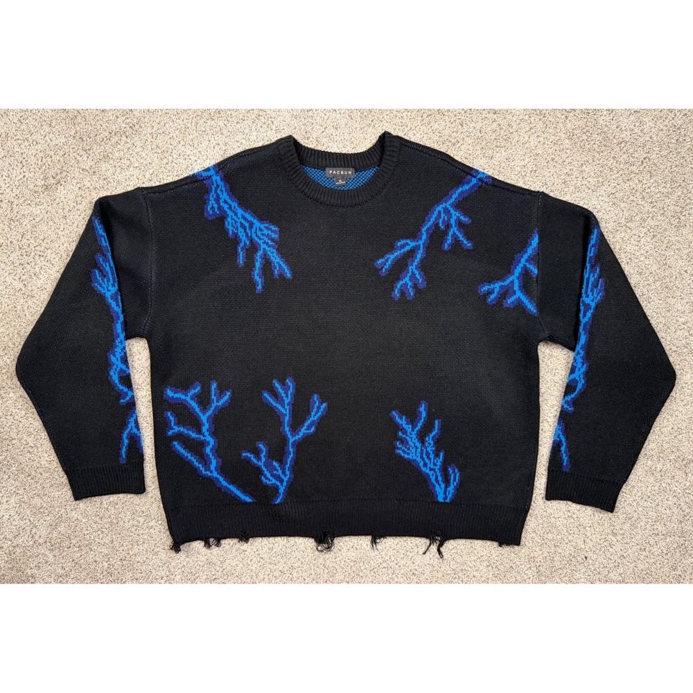PacSun Sweater Lightning Bolt Distressed XL Black Blue Streetwear Crewneck